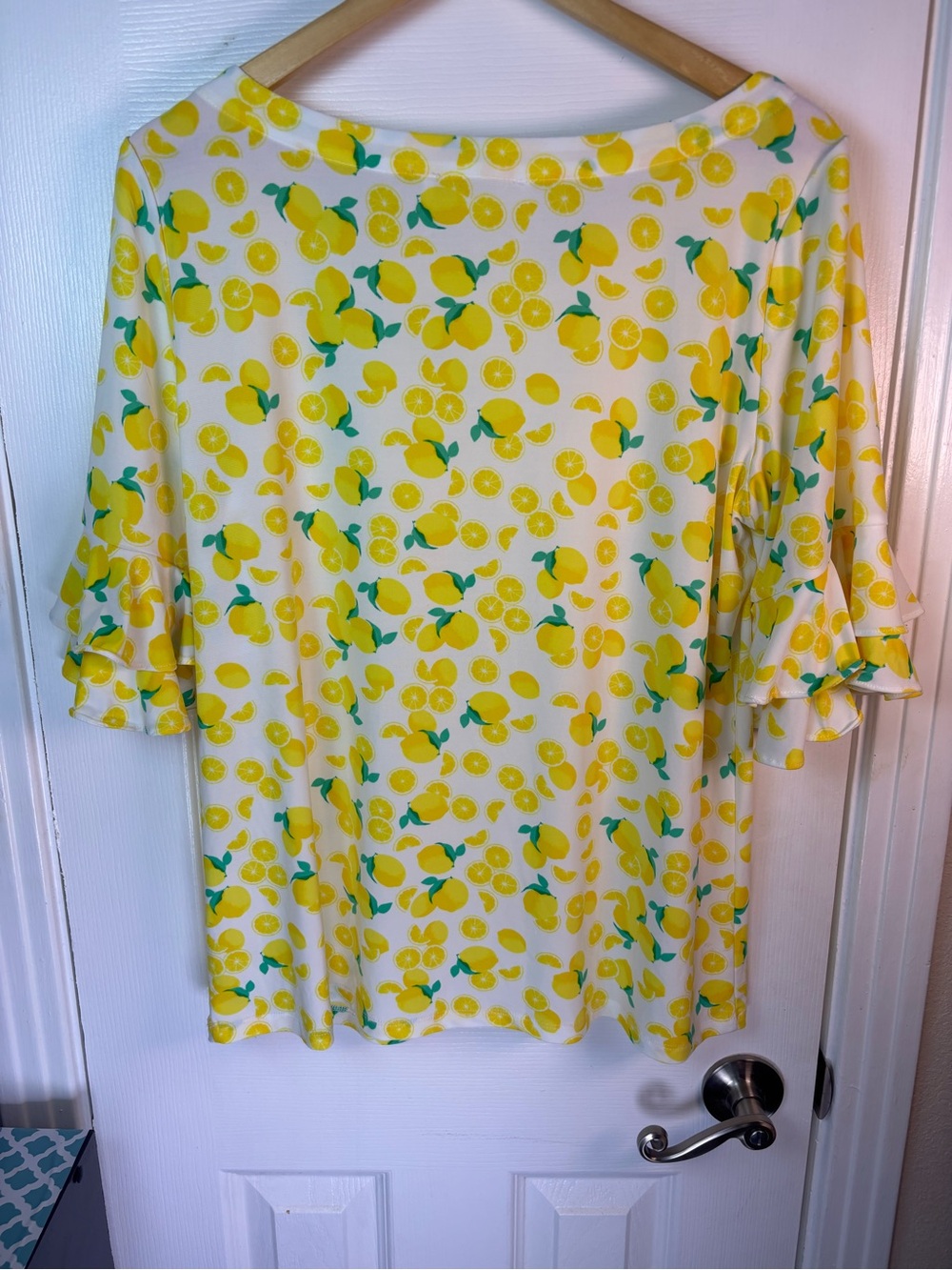 Kensie Yellow Lemon-Pattern Ruffle Sleeve Blouse - Picture 11 of 11